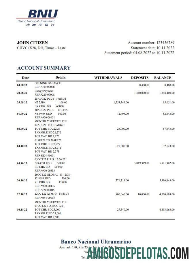 Timor Leste BNU Bank Statement Xls amostra